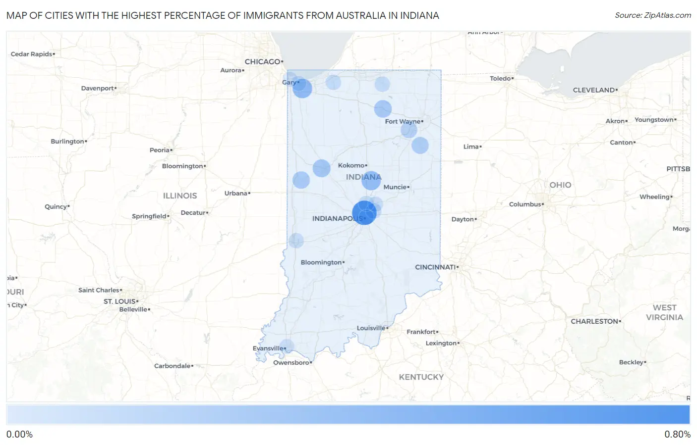 Cities with the Highest Percentage of Immigrants from Australia in Indiana Map