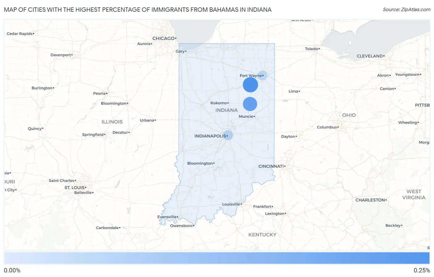 Cities with the Highest Percentage of Immigrants from Bahamas in Indiana Map