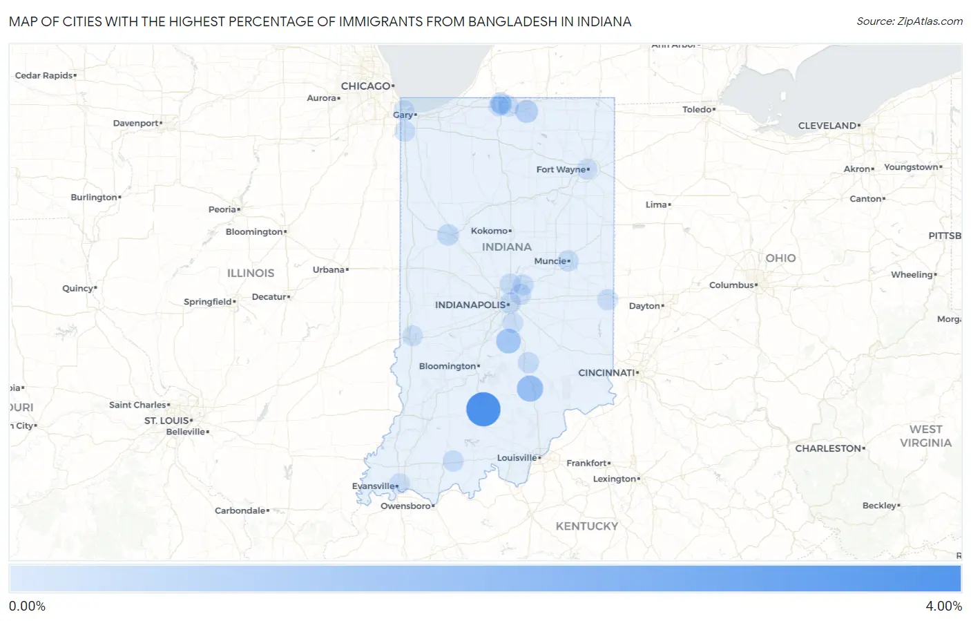 Cities with the Highest Percentage of Immigrants from Bangladesh in Indiana Map