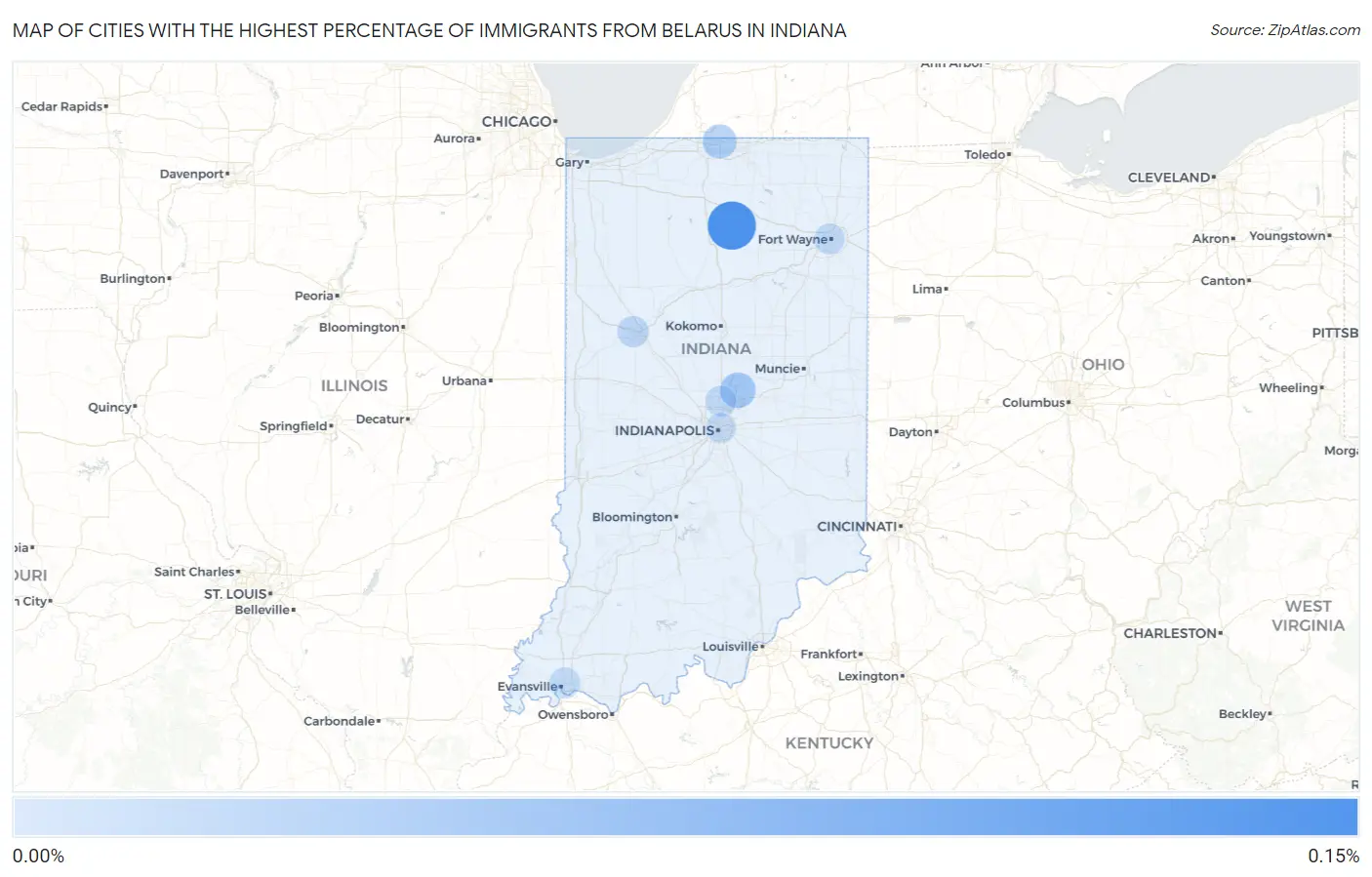 Cities with the Highest Percentage of Immigrants from Belarus in Indiana Map