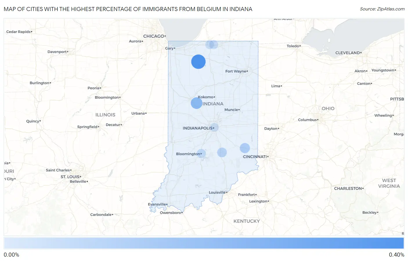 Cities with the Highest Percentage of Immigrants from Belgium in Indiana Map