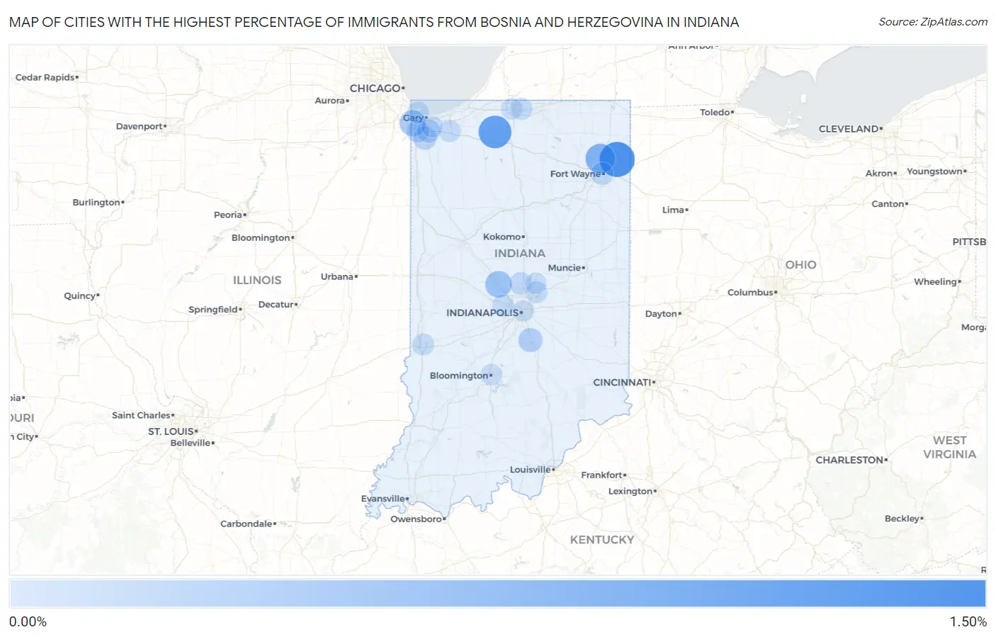Cities with the Highest Percentage of Immigrants from Bosnia and Herzegovina in Indiana Map