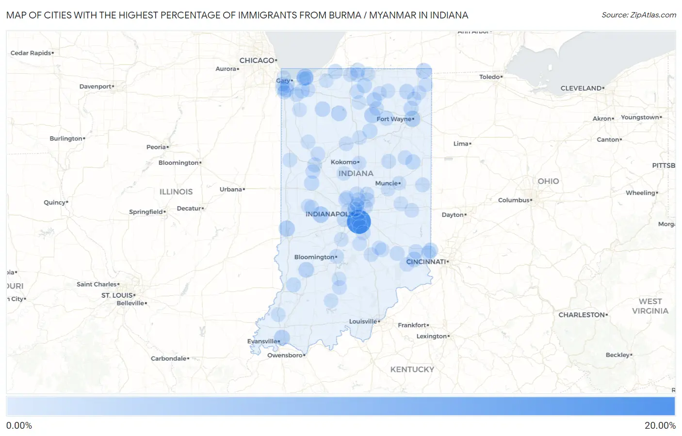 Cities with the Highest Percentage of Immigrants from Burma / Myanmar in Indiana Map