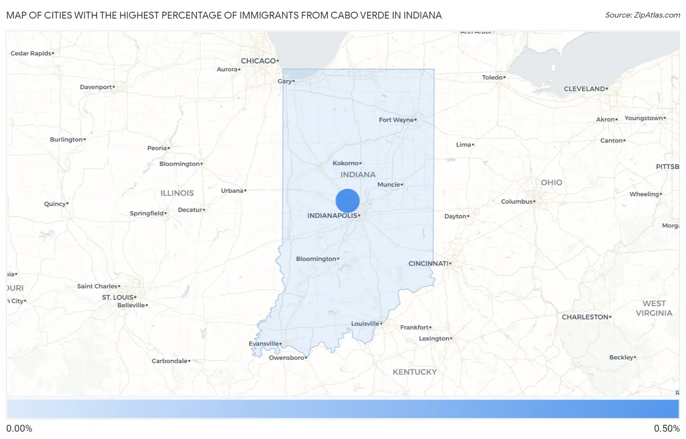 Cities with the Highest Percentage of Immigrants from Cabo Verde in Indiana Map