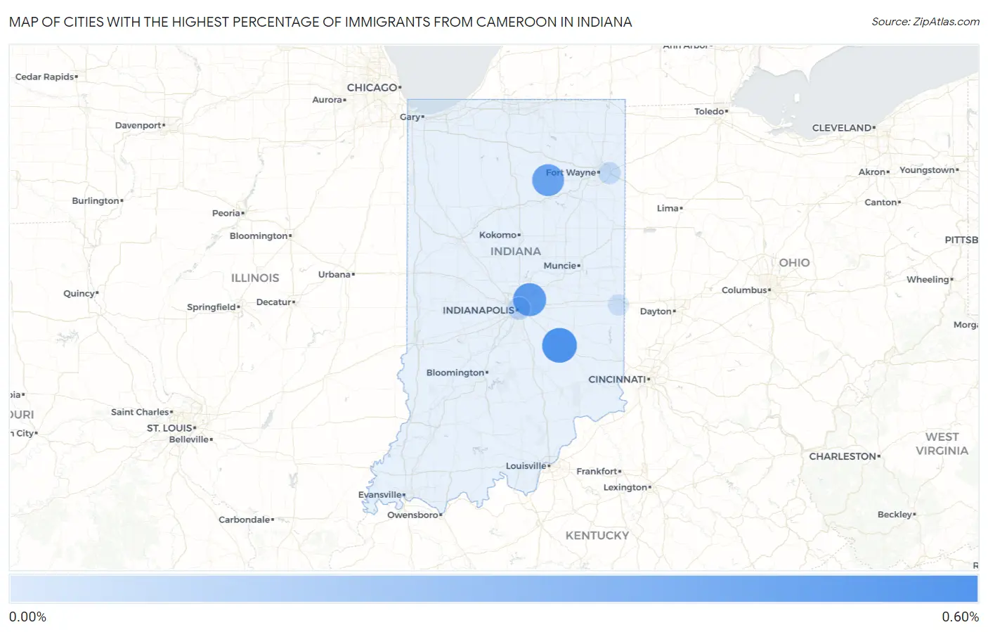 Cities with the Highest Percentage of Immigrants from Cameroon in Indiana Map