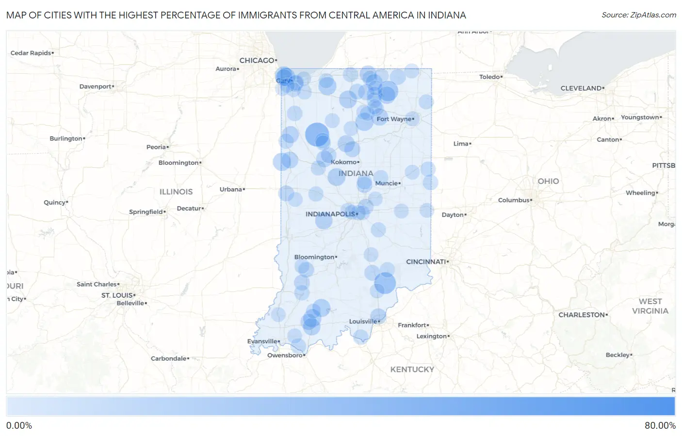 Cities with the Highest Percentage of Immigrants from Central America in Indiana Map