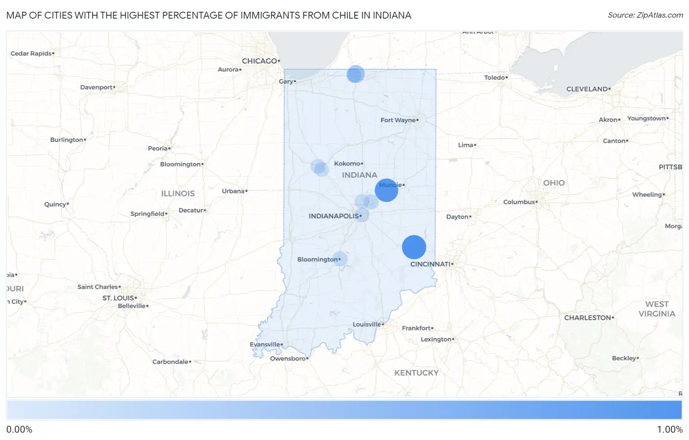 Cities with the Highest Percentage of Immigrants from Chile in Indiana Map