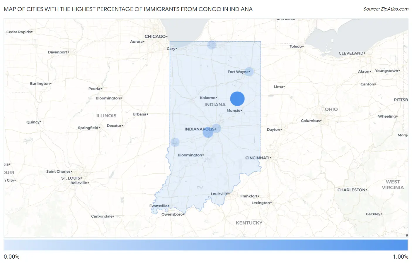 Cities with the Highest Percentage of Immigrants from Congo in Indiana Map