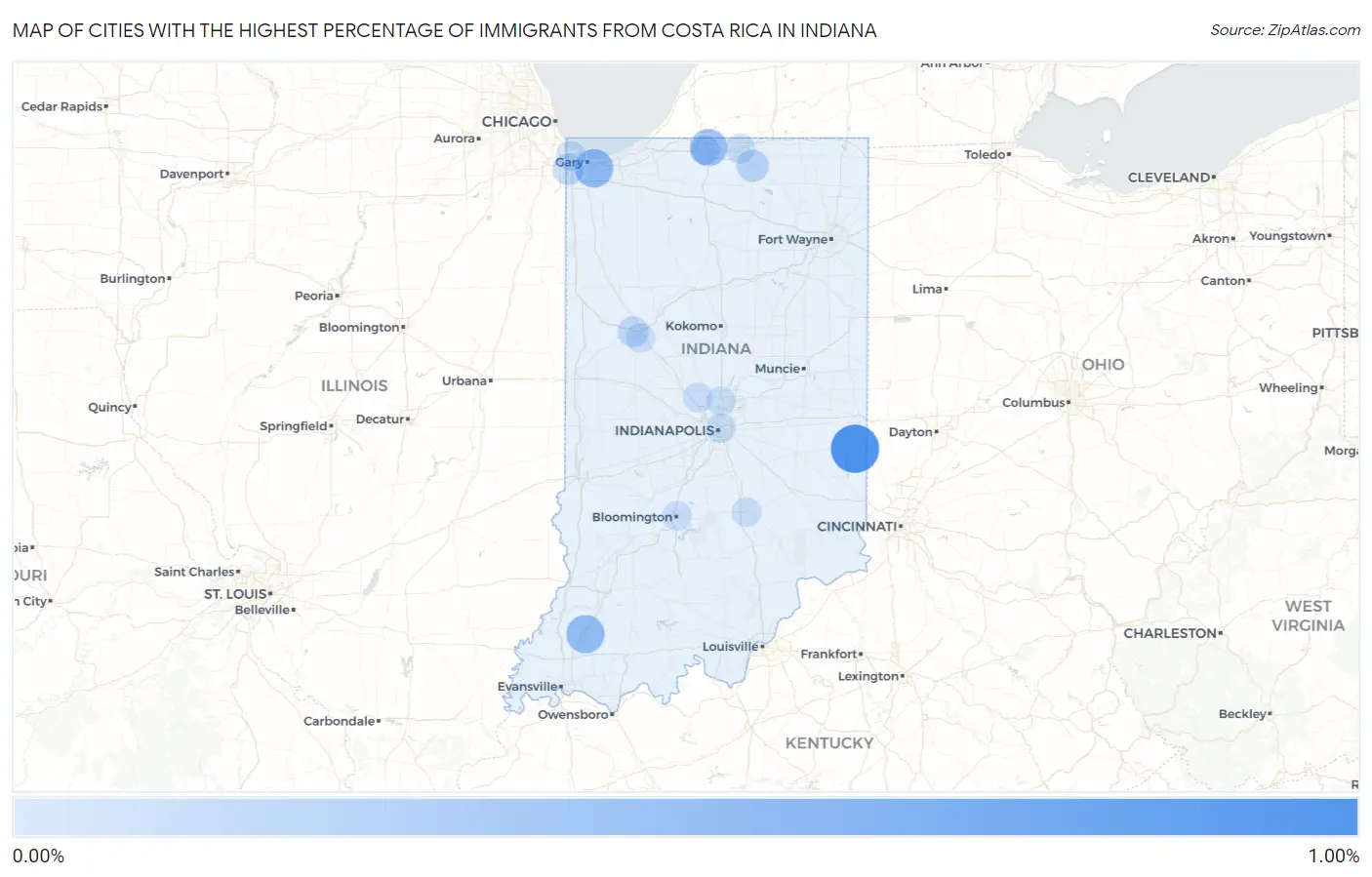 Cities with the Highest Percentage of Immigrants from Costa Rica in Indiana Map