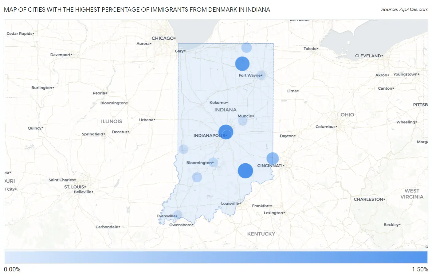 Cities with the Highest Percentage of Immigrants from Denmark in Indiana Map