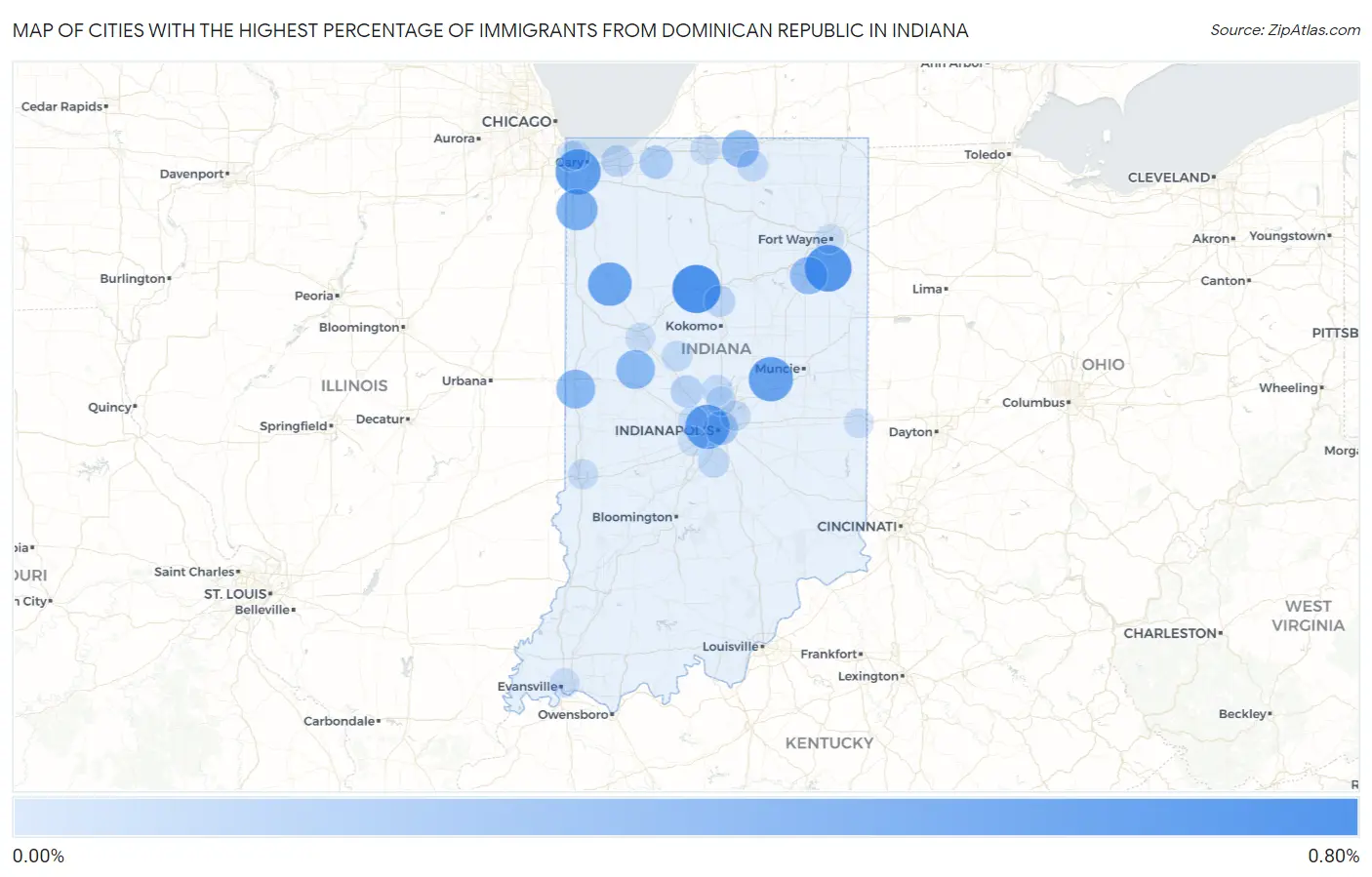 Cities with the Highest Percentage of Immigrants from Dominican Republic in Indiana Map