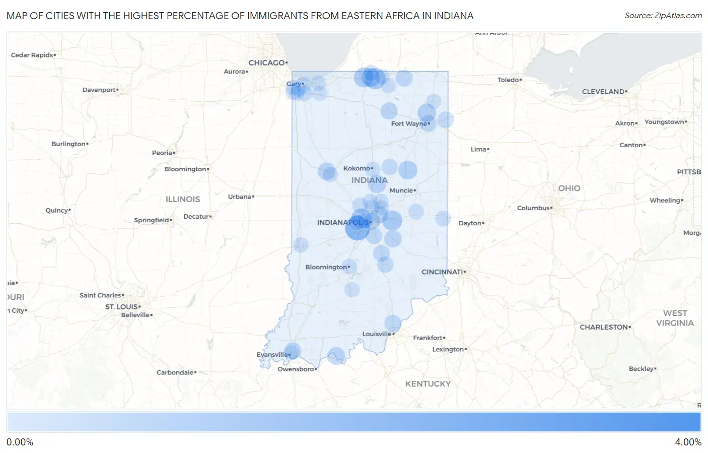 Cities with the Highest Percentage of Immigrants from Eastern Africa in Indiana Map