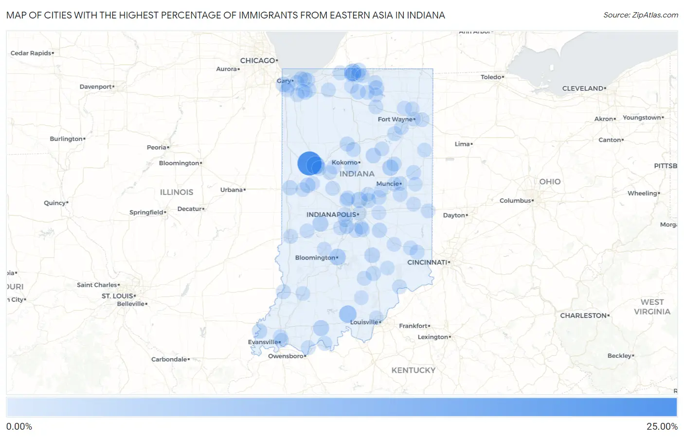 Cities with the Highest Percentage of Immigrants from Eastern Asia in Indiana Map