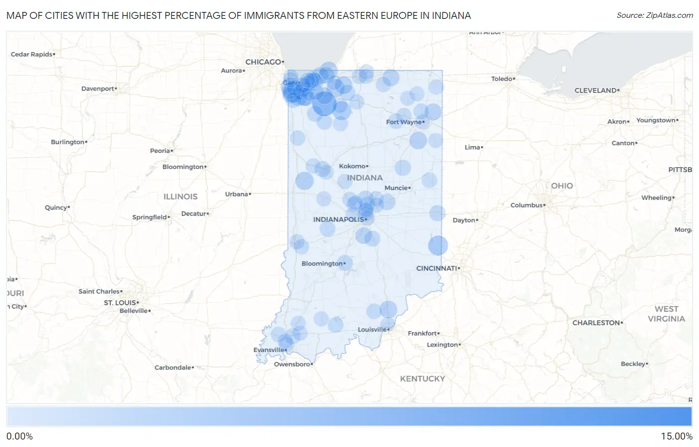 Cities with the Highest Percentage of Immigrants from Eastern Europe in Indiana Map