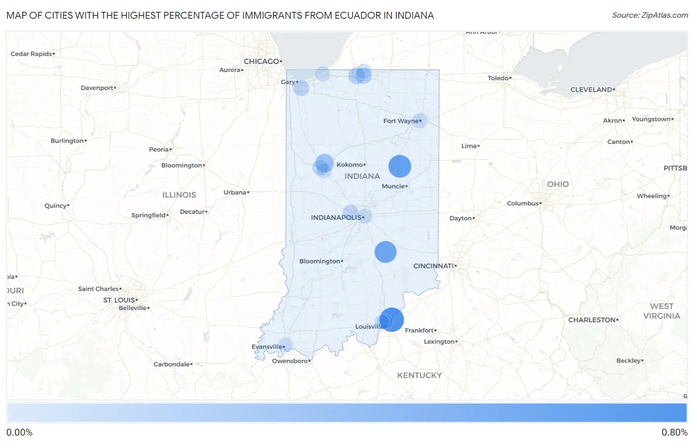 Cities with the Highest Percentage of Immigrants from Ecuador in Indiana Map