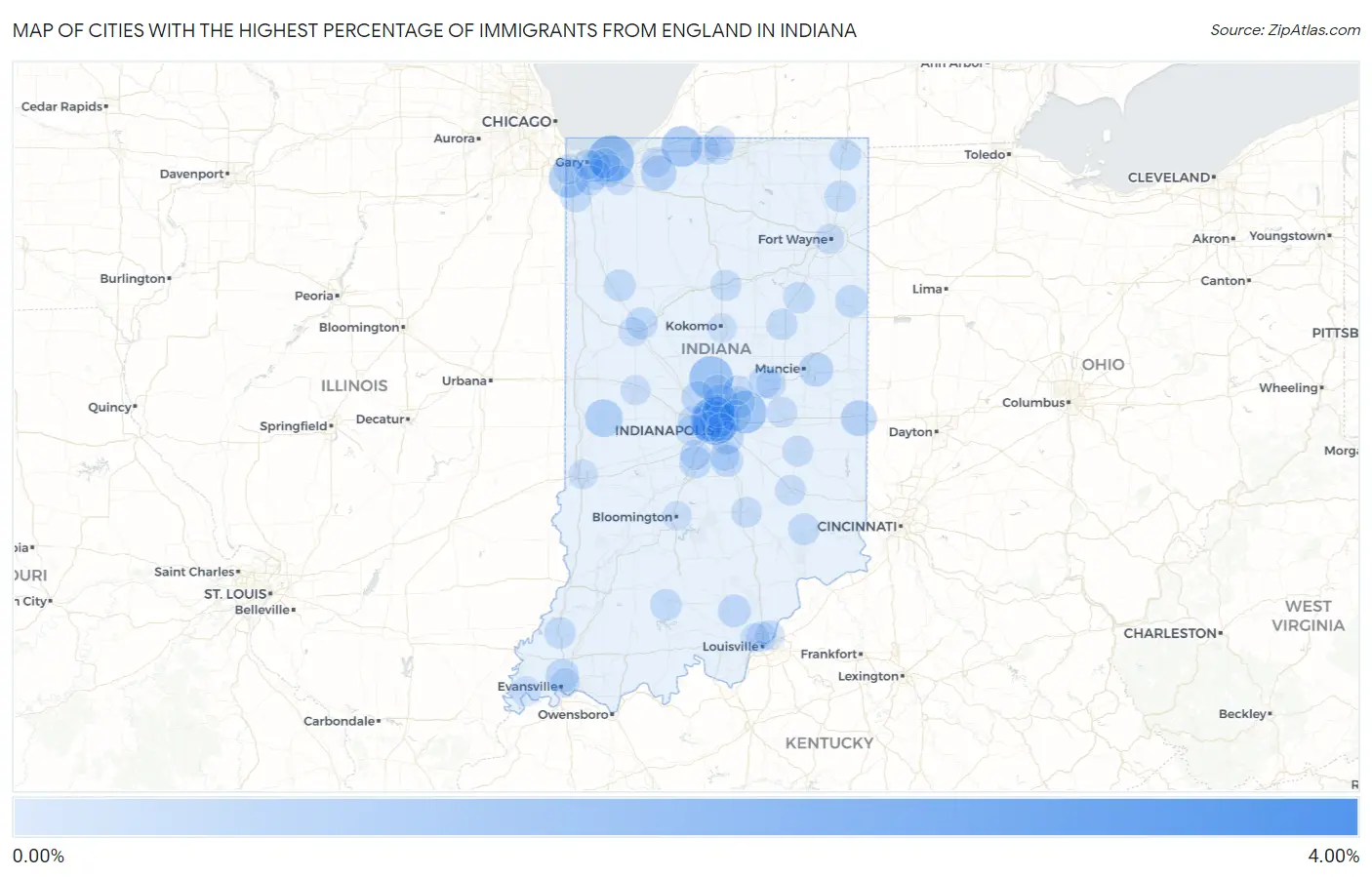 Cities with the Highest Percentage of Immigrants from England in Indiana Map