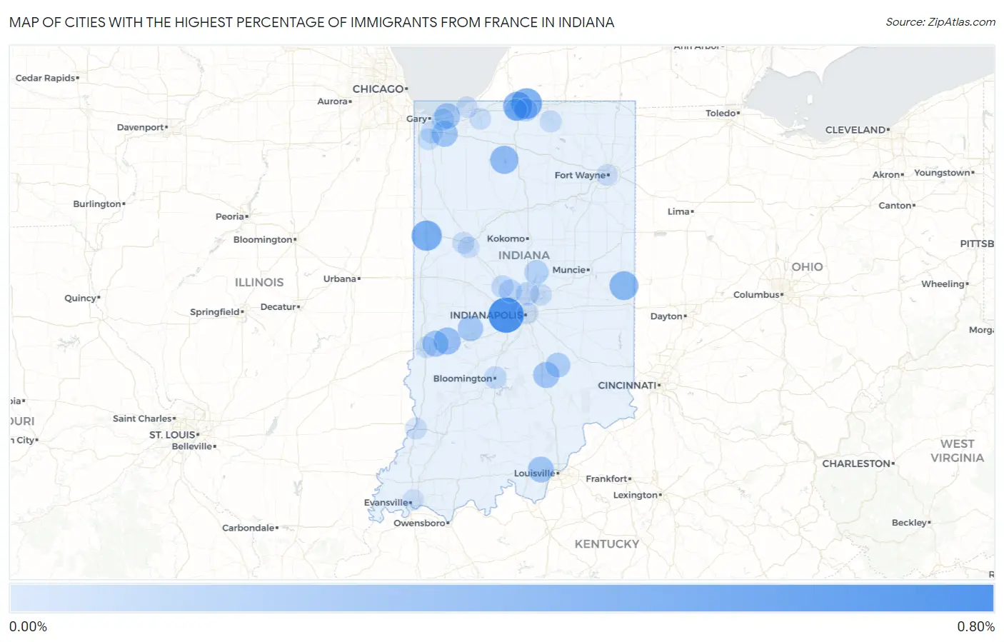 Cities with the Highest Percentage of Immigrants from France in Indiana Map