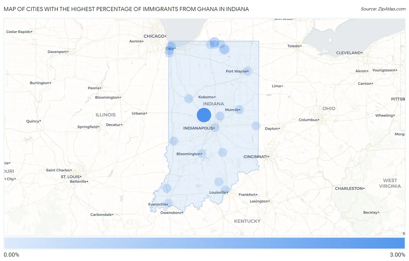 Cities with the Highest Percentage of Immigrants from Ghana in Indiana Map