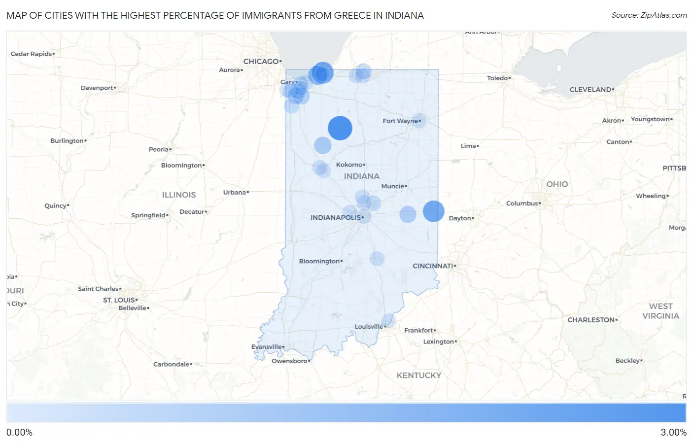 Cities with the Highest Percentage of Immigrants from Greece in Indiana Map