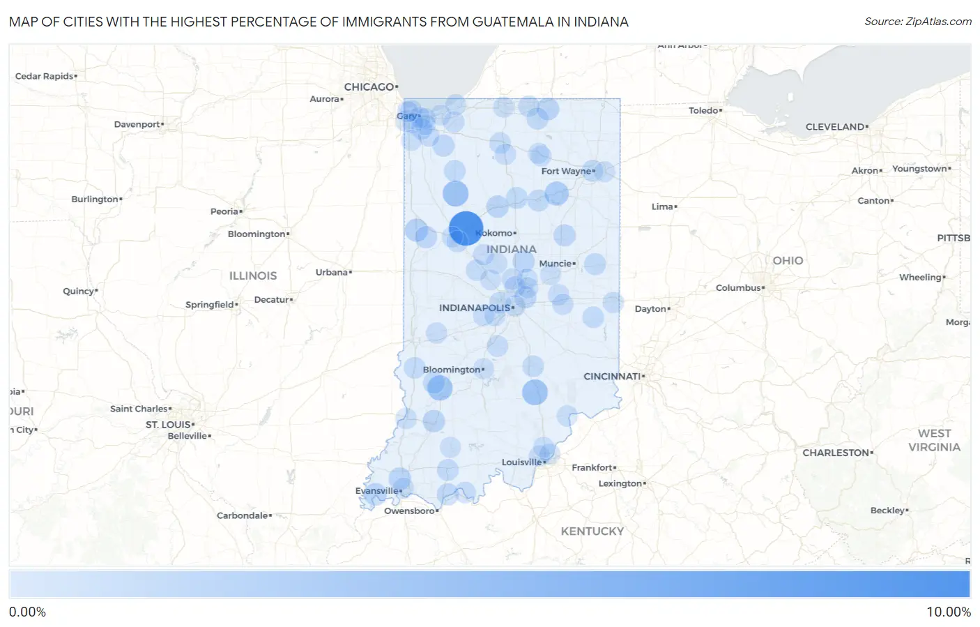 Cities with the Highest Percentage of Immigrants from Guatemala in Indiana Map