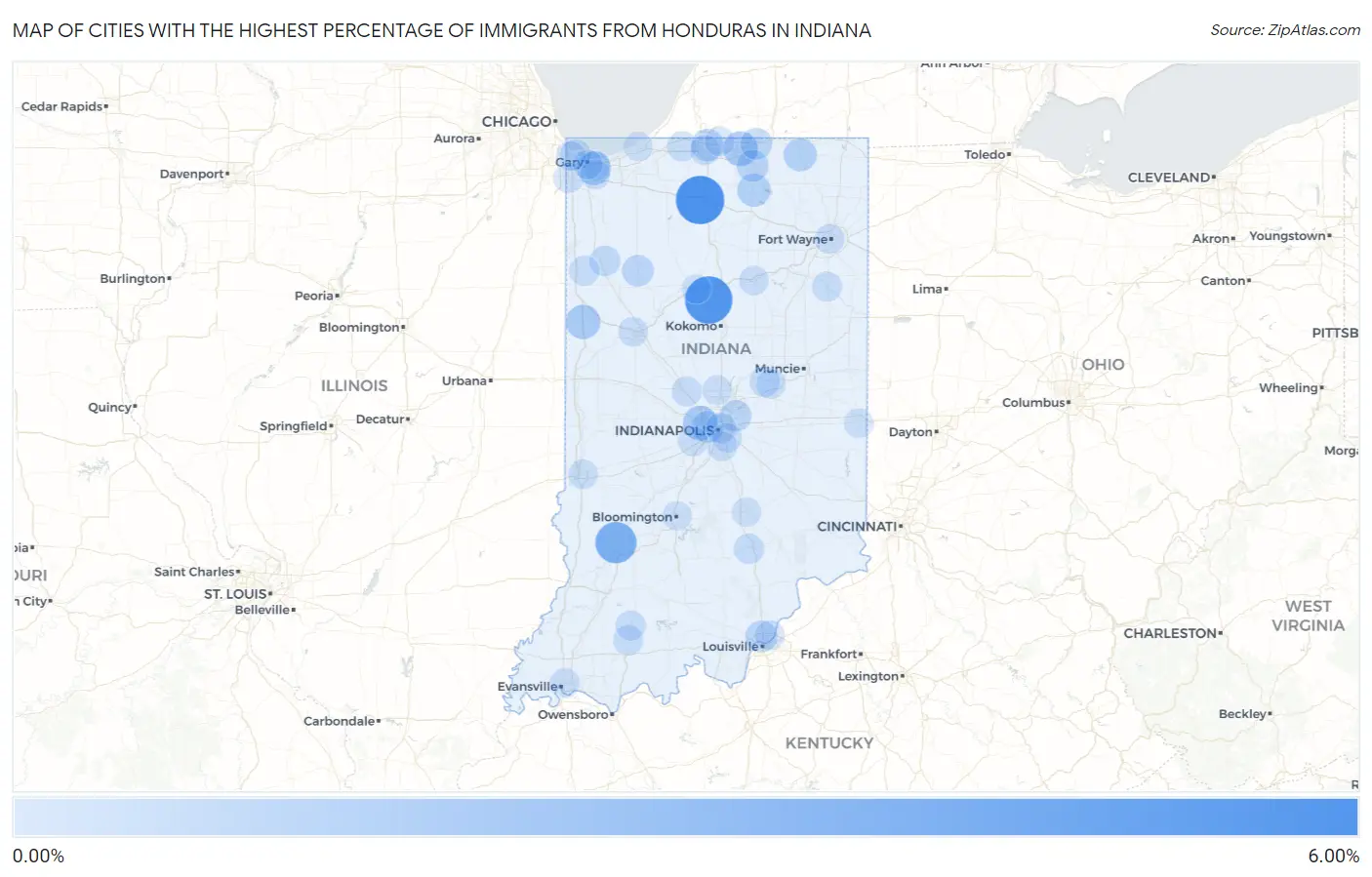 Cities with the Highest Percentage of Immigrants from Honduras in Indiana Map