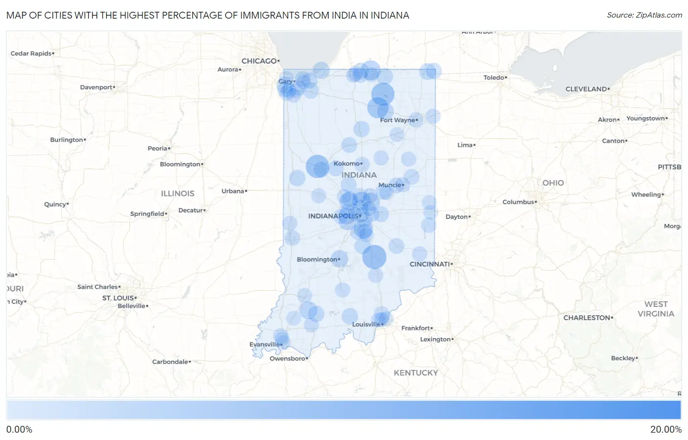 Cities with the Highest Percentage of Immigrants from India in Indiana Map