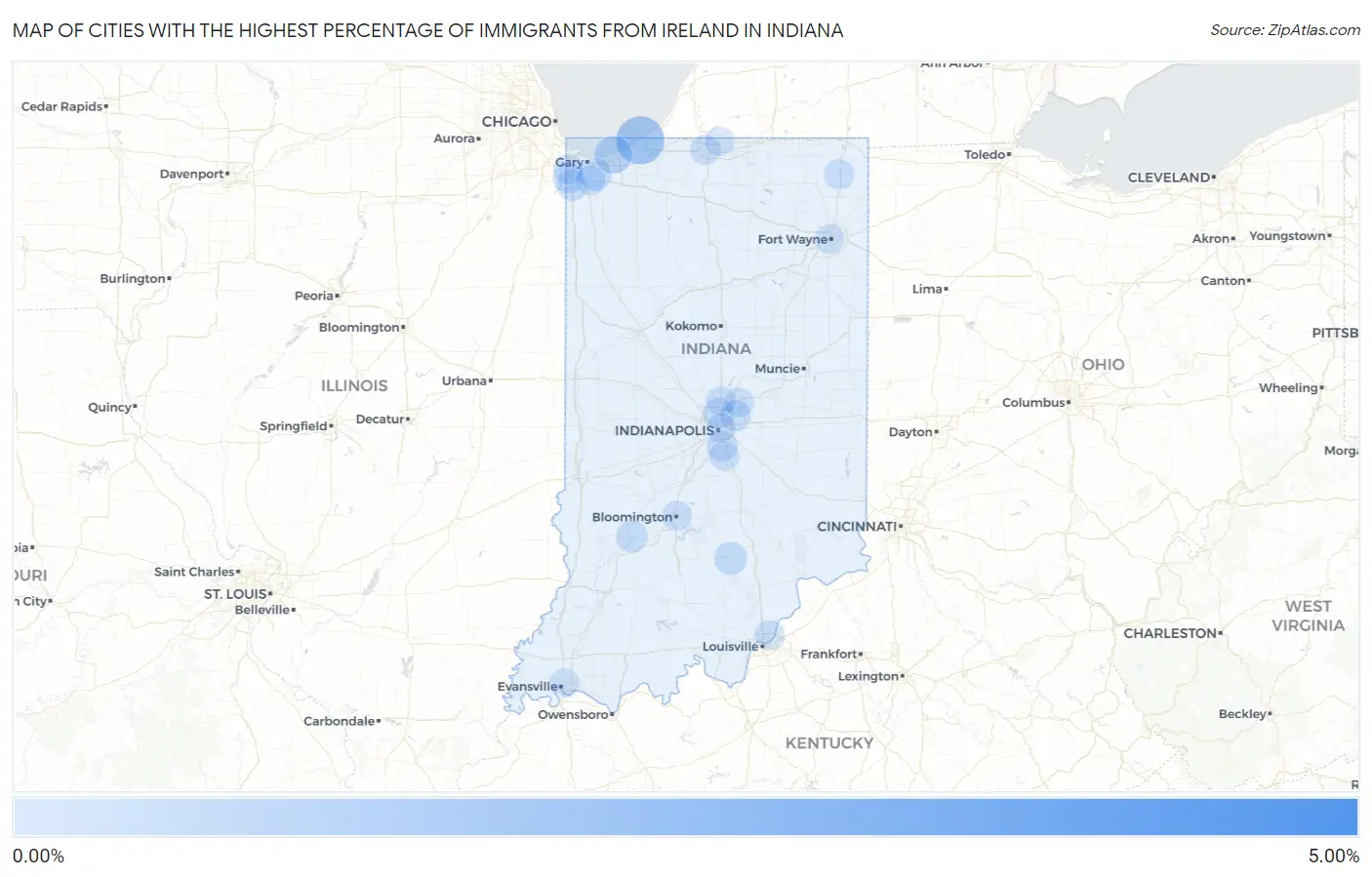 Cities with the Highest Percentage of Immigrants from Ireland in Indiana Map