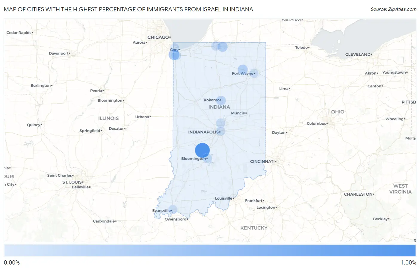 Cities with the Highest Percentage of Immigrants from Israel in Indiana Map