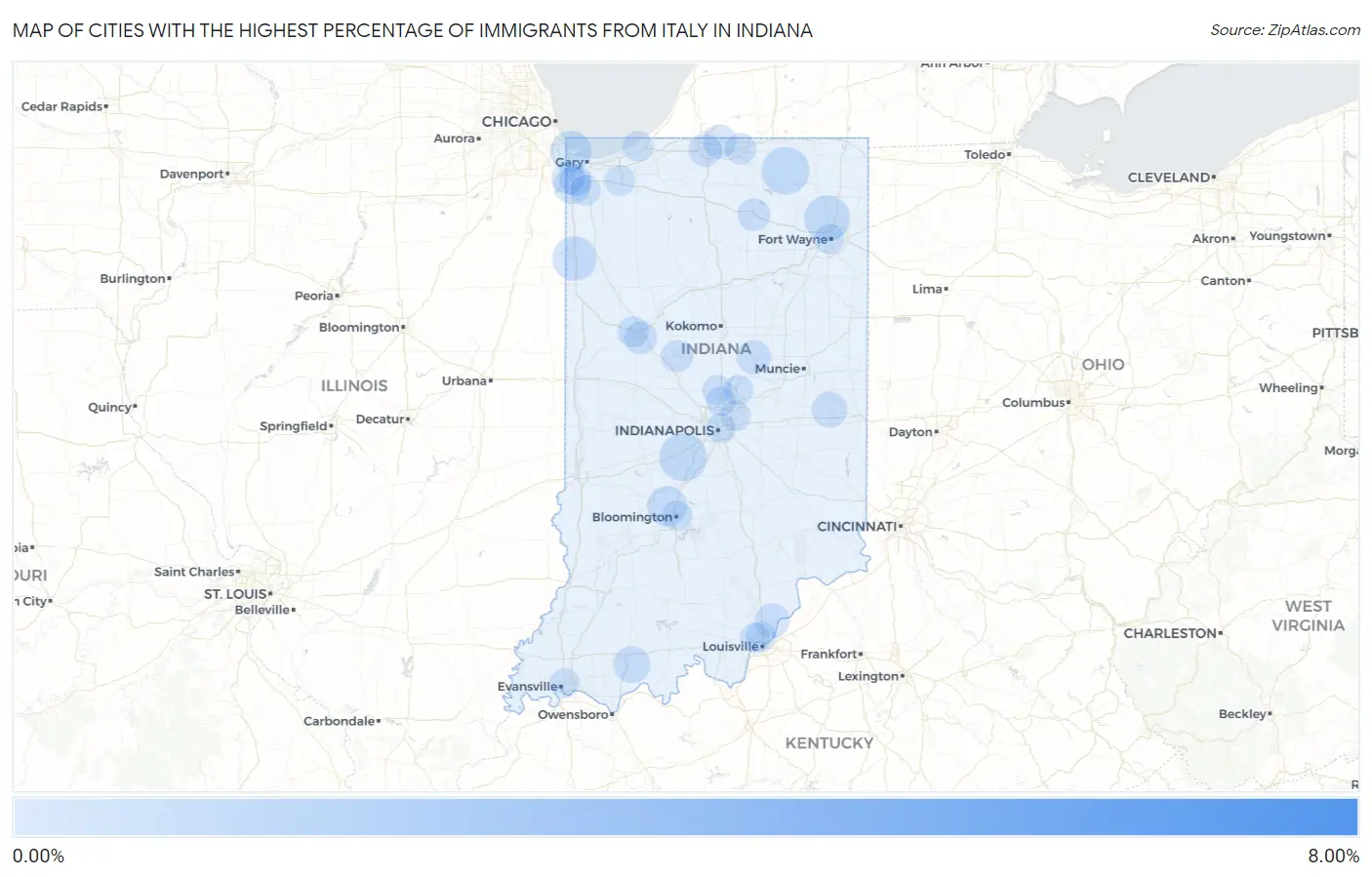Cities with the Highest Percentage of Immigrants from Italy in Indiana Map