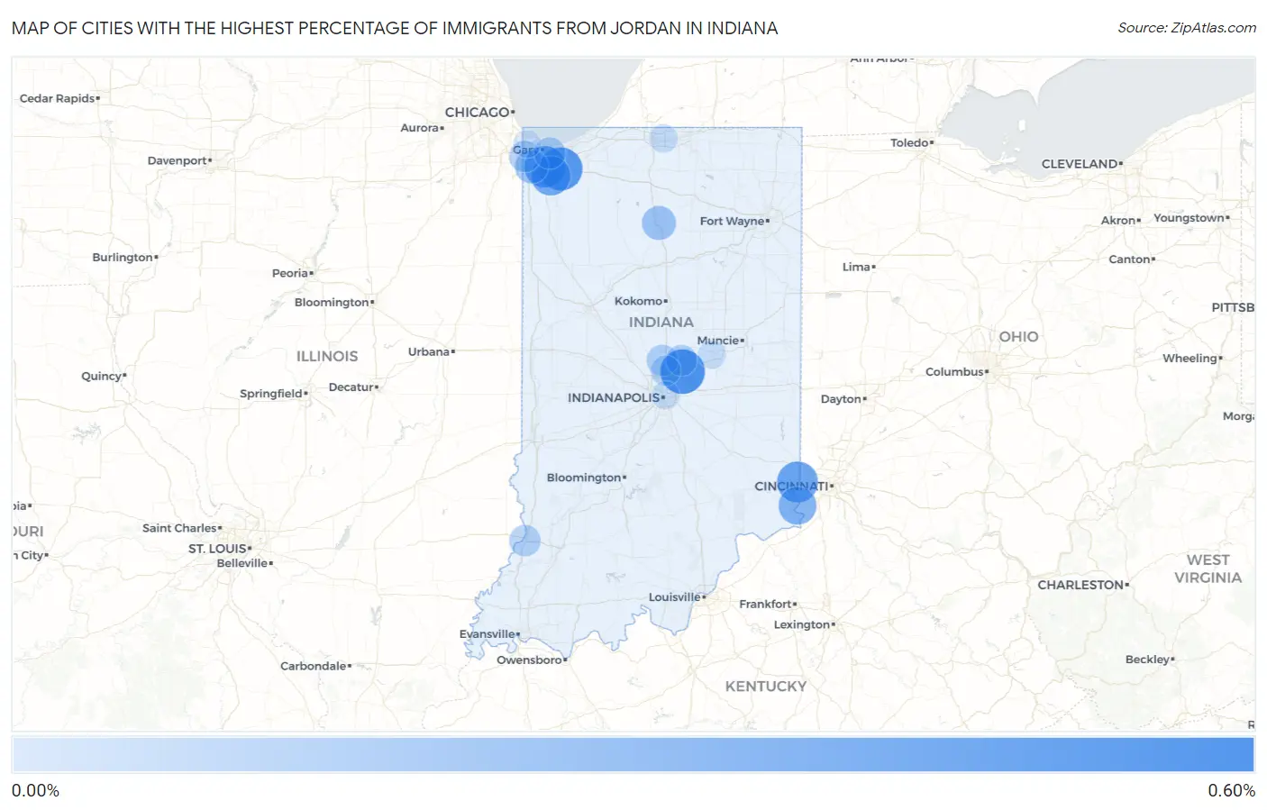 Cities with the Highest Percentage of Immigrants from Jordan in Indiana Map