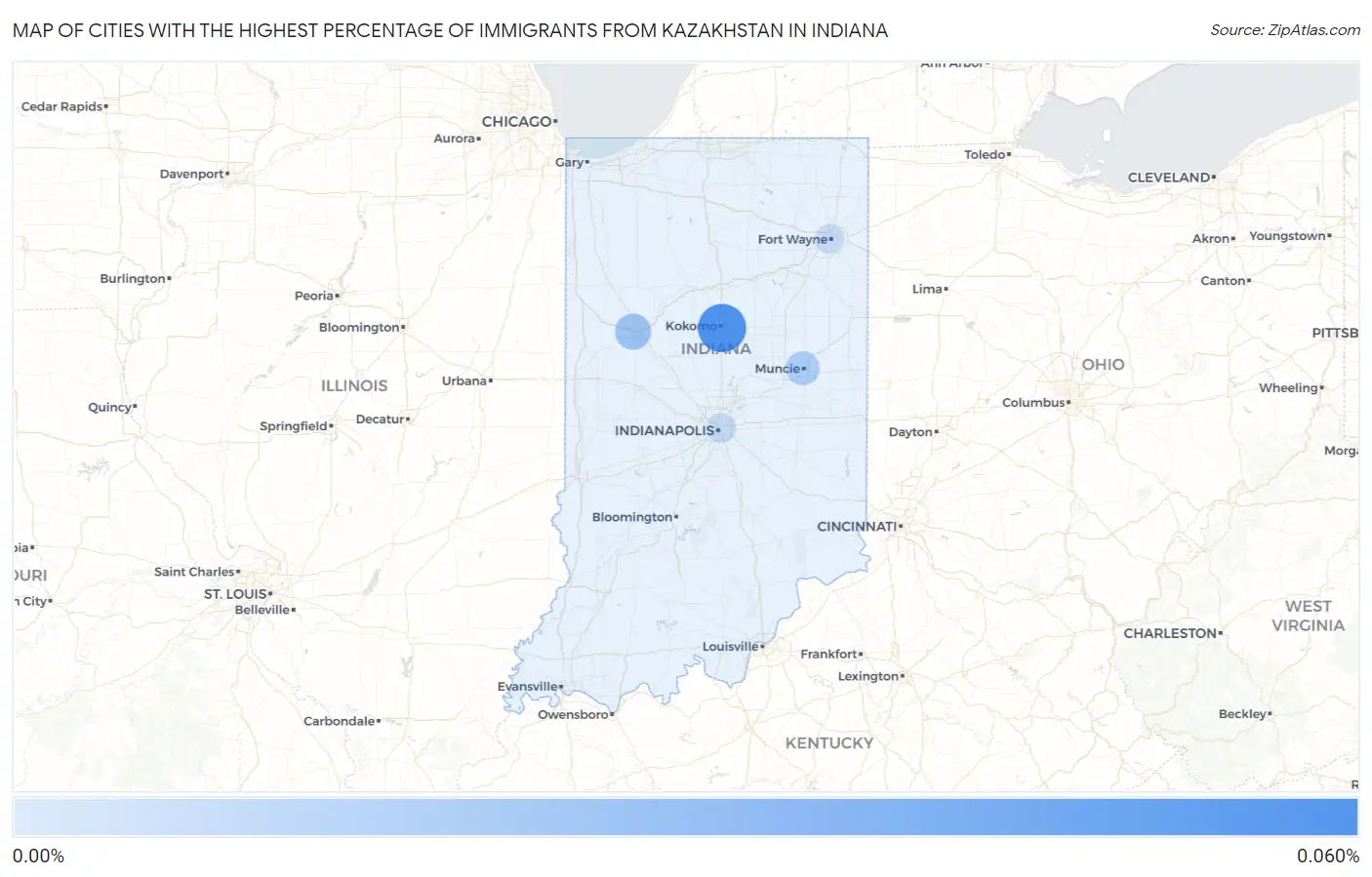 Cities with the Highest Percentage of Immigrants from Kazakhstan in Indiana Map