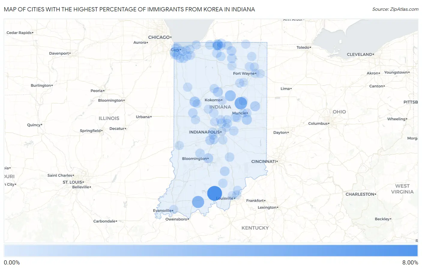 Cities with the Highest Percentage of Immigrants from Korea in Indiana Map