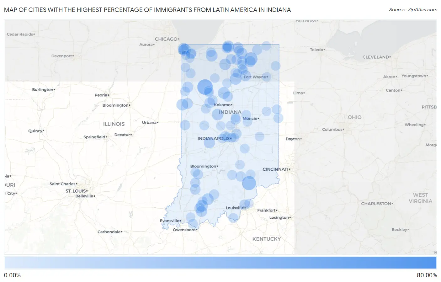 Cities with the Highest Percentage of Immigrants from Latin America in Indiana Map