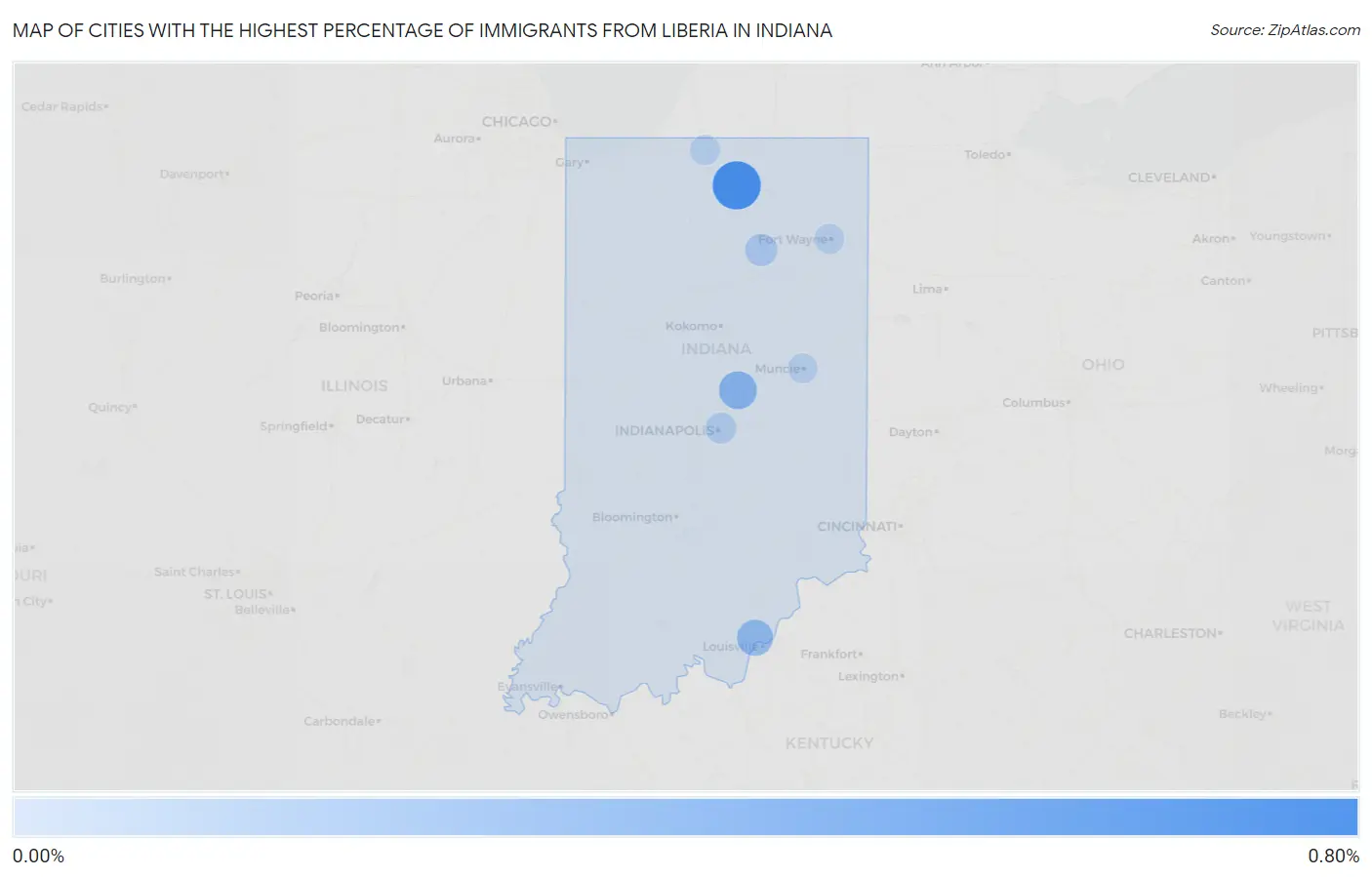 Cities with the Highest Percentage of Immigrants from Liberia in Indiana Map