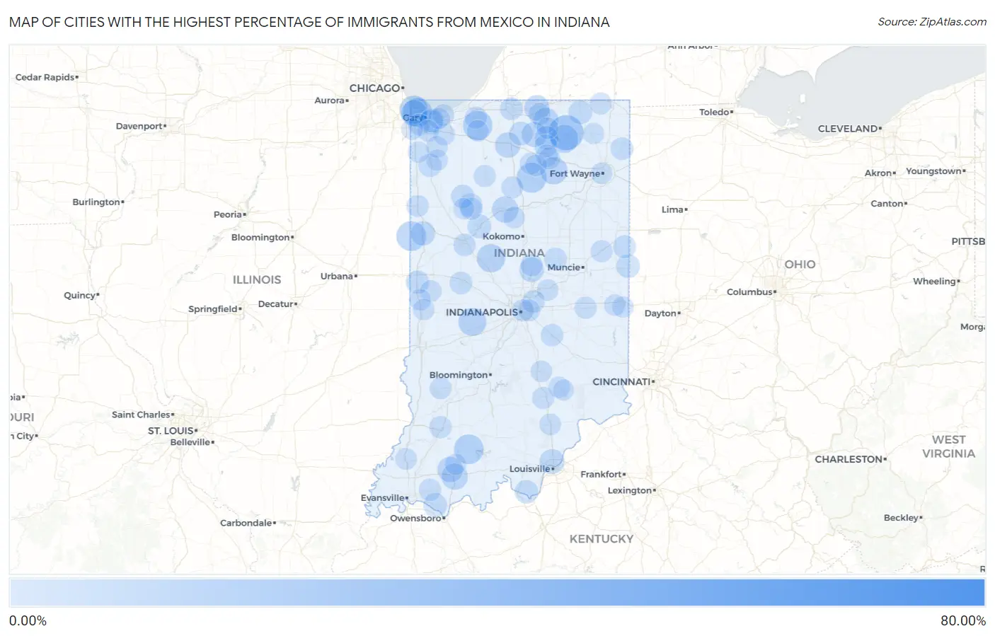Cities with the Highest Percentage of Immigrants from Mexico in Indiana Map