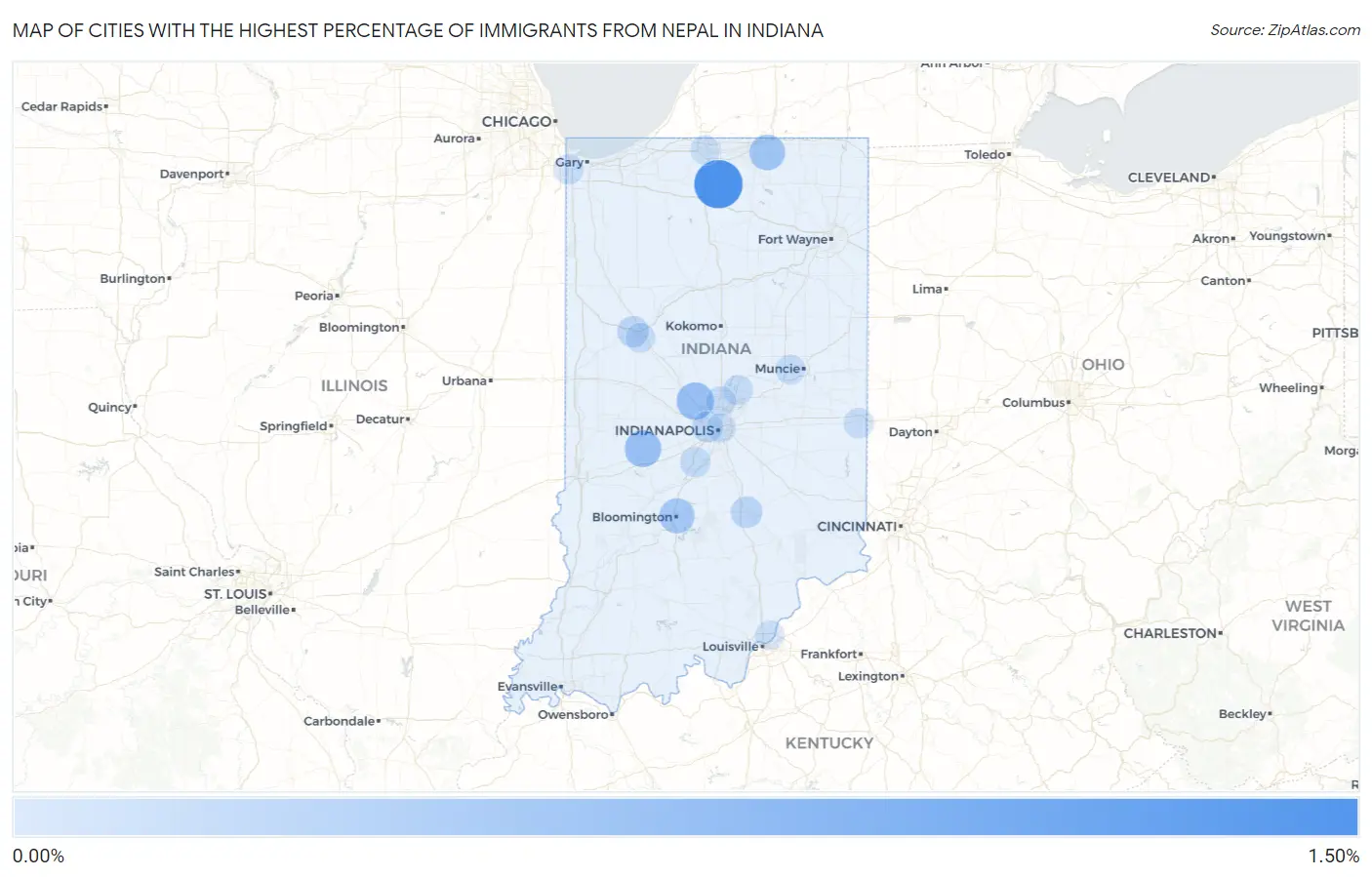 Cities with the Highest Percentage of Immigrants from Nepal in Indiana Map