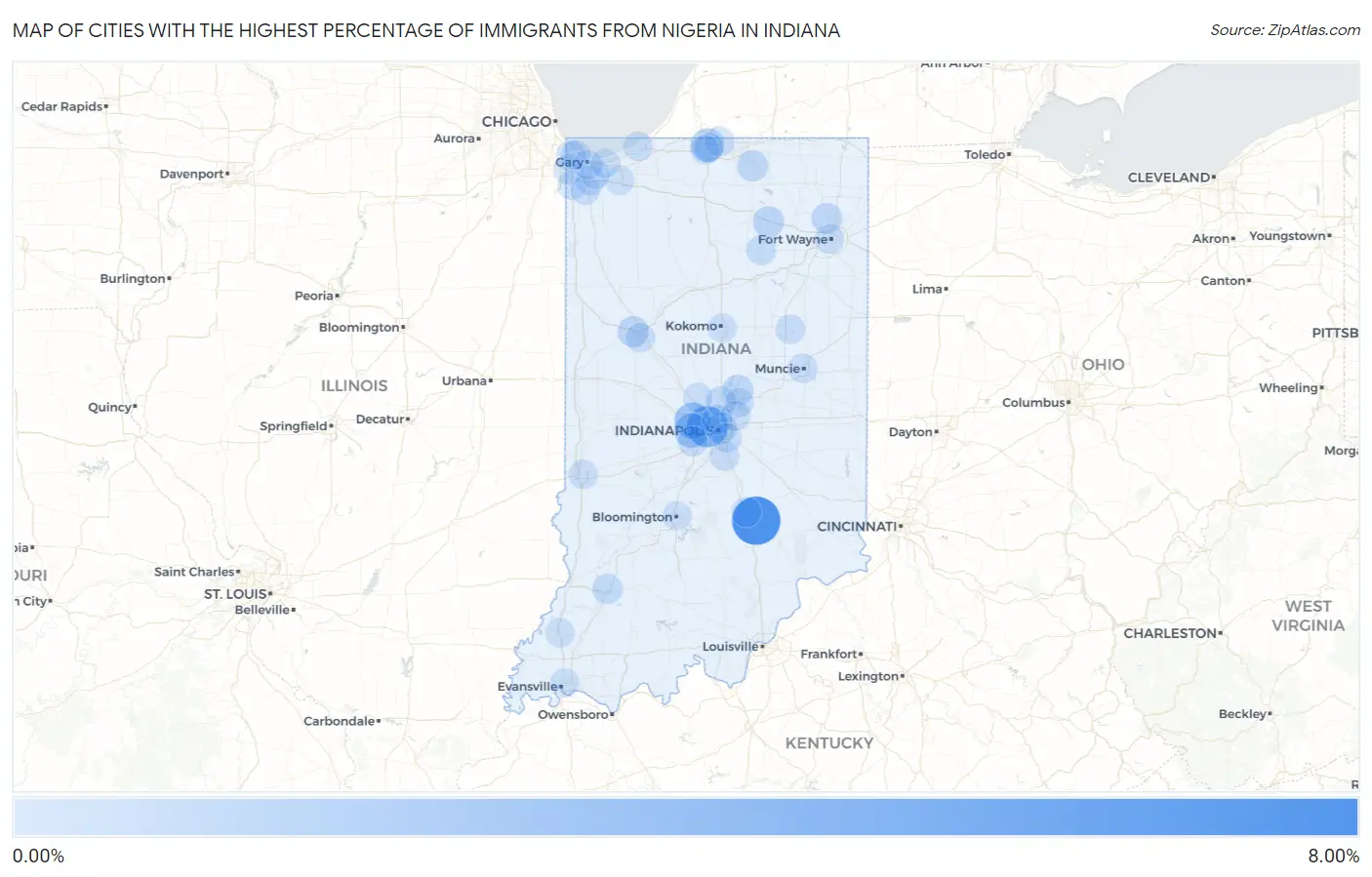 Cities with the Highest Percentage of Immigrants from Nigeria in Indiana Map