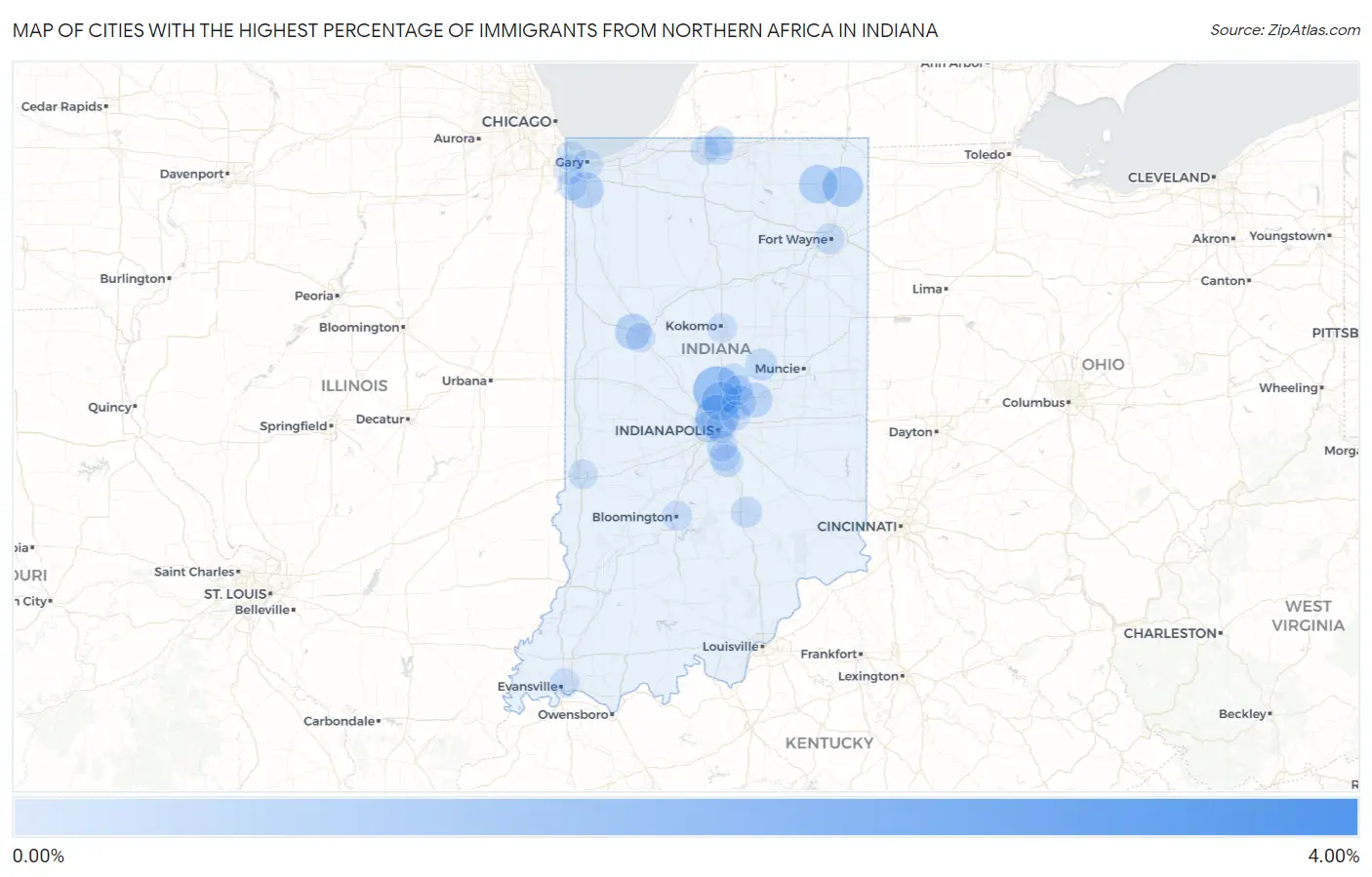 Cities with the Highest Percentage of Immigrants from Northern Africa in Indiana Map