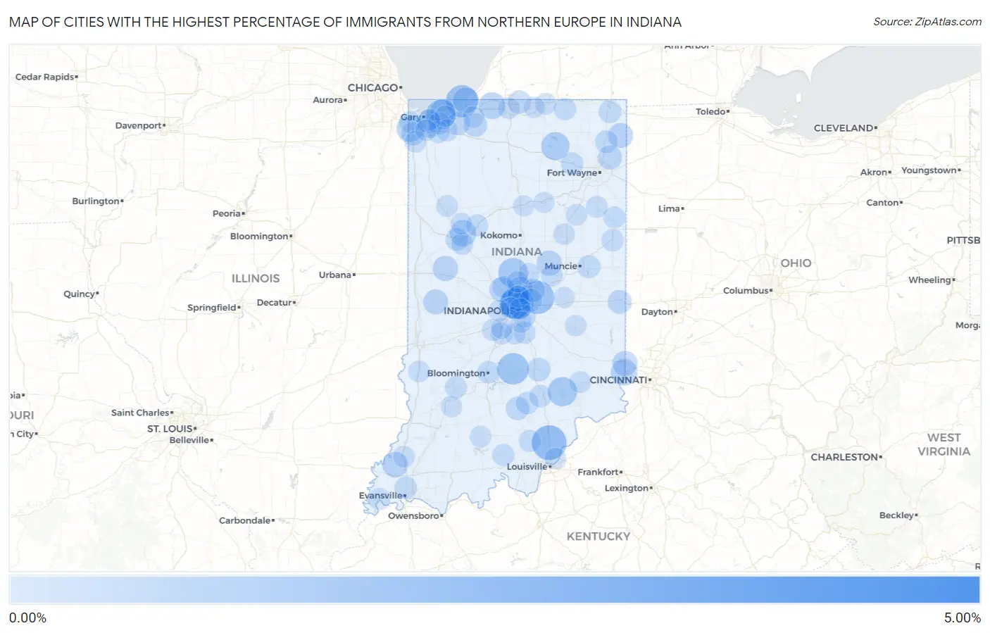 Cities with the Highest Percentage of Immigrants from Northern Europe in Indiana Map