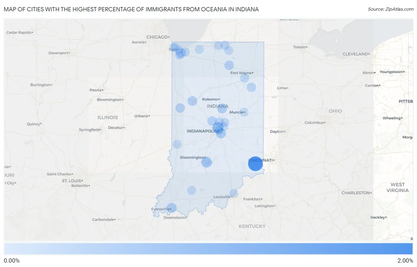 Cities with the Highest Percentage of Immigrants from Oceania in Indiana Map