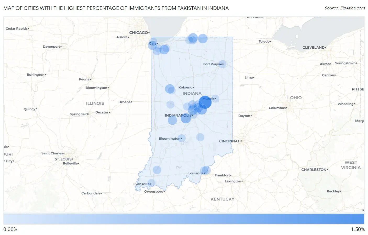 Cities with the Highest Percentage of Immigrants from Pakistan in Indiana Map