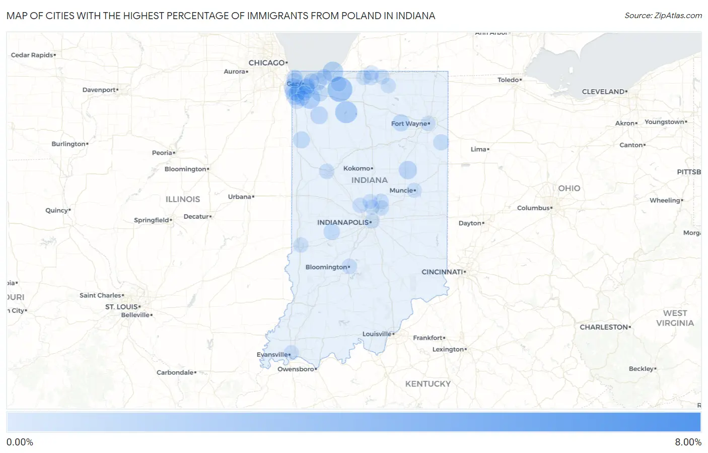 Cities with the Highest Percentage of Immigrants from Poland in Indiana Map