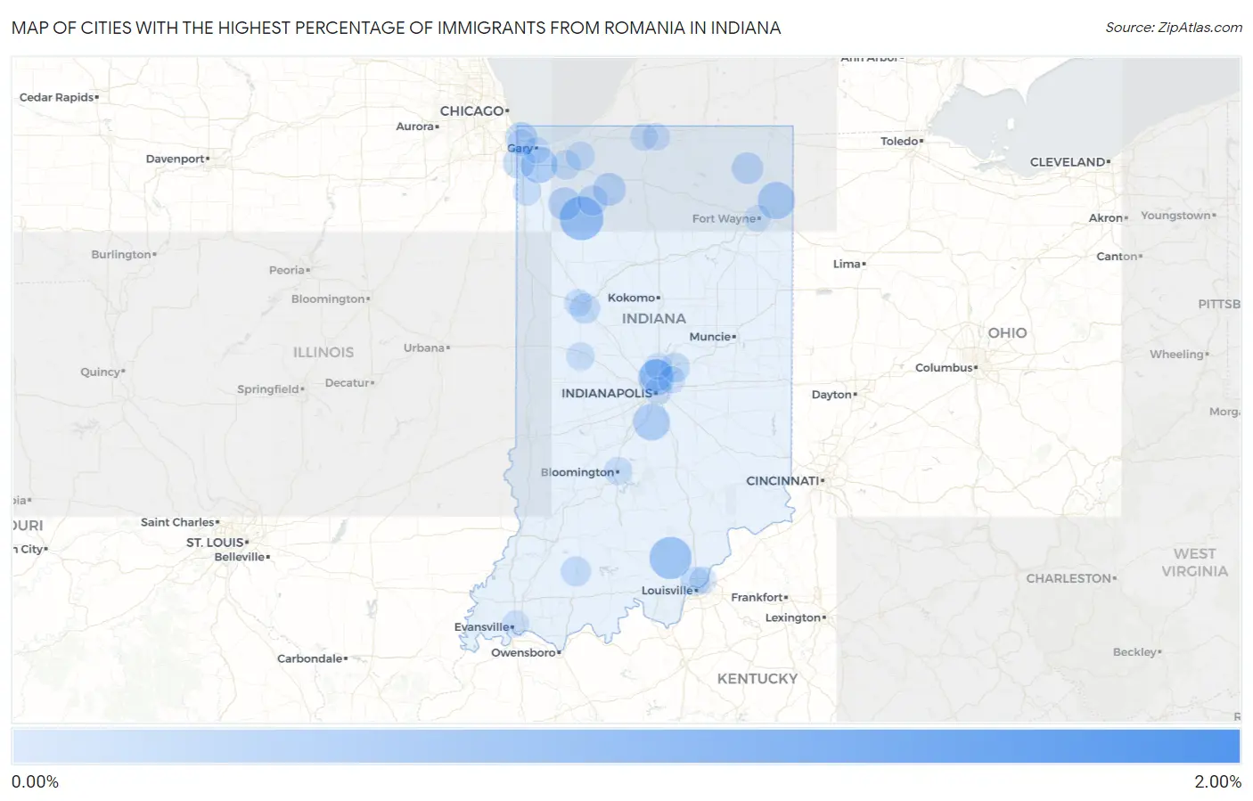 Cities with the Highest Percentage of Immigrants from Romania in Indiana Map