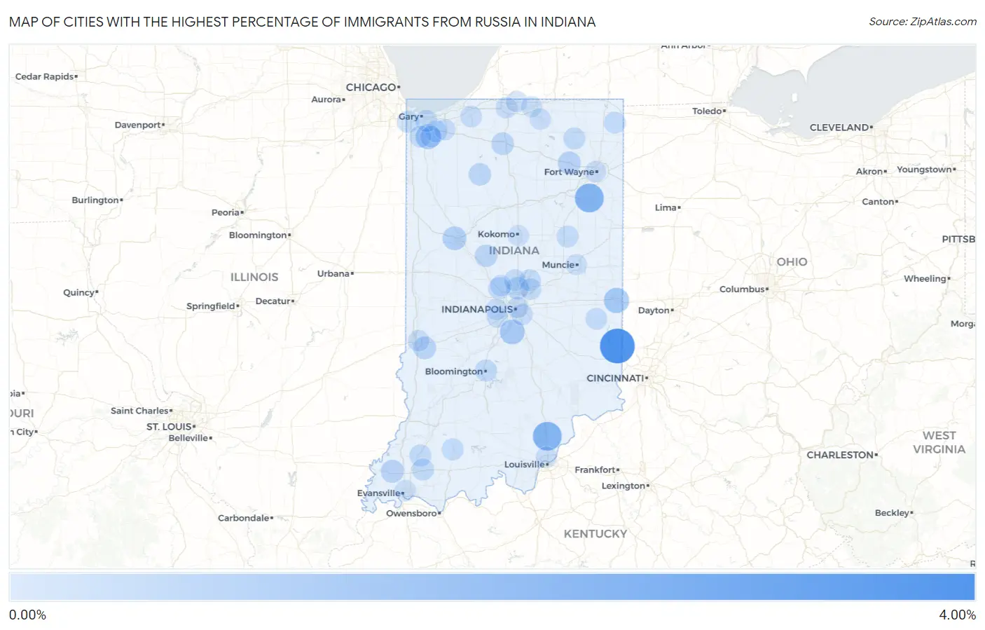 Cities with the Highest Percentage of Immigrants from Russia in Indiana Map