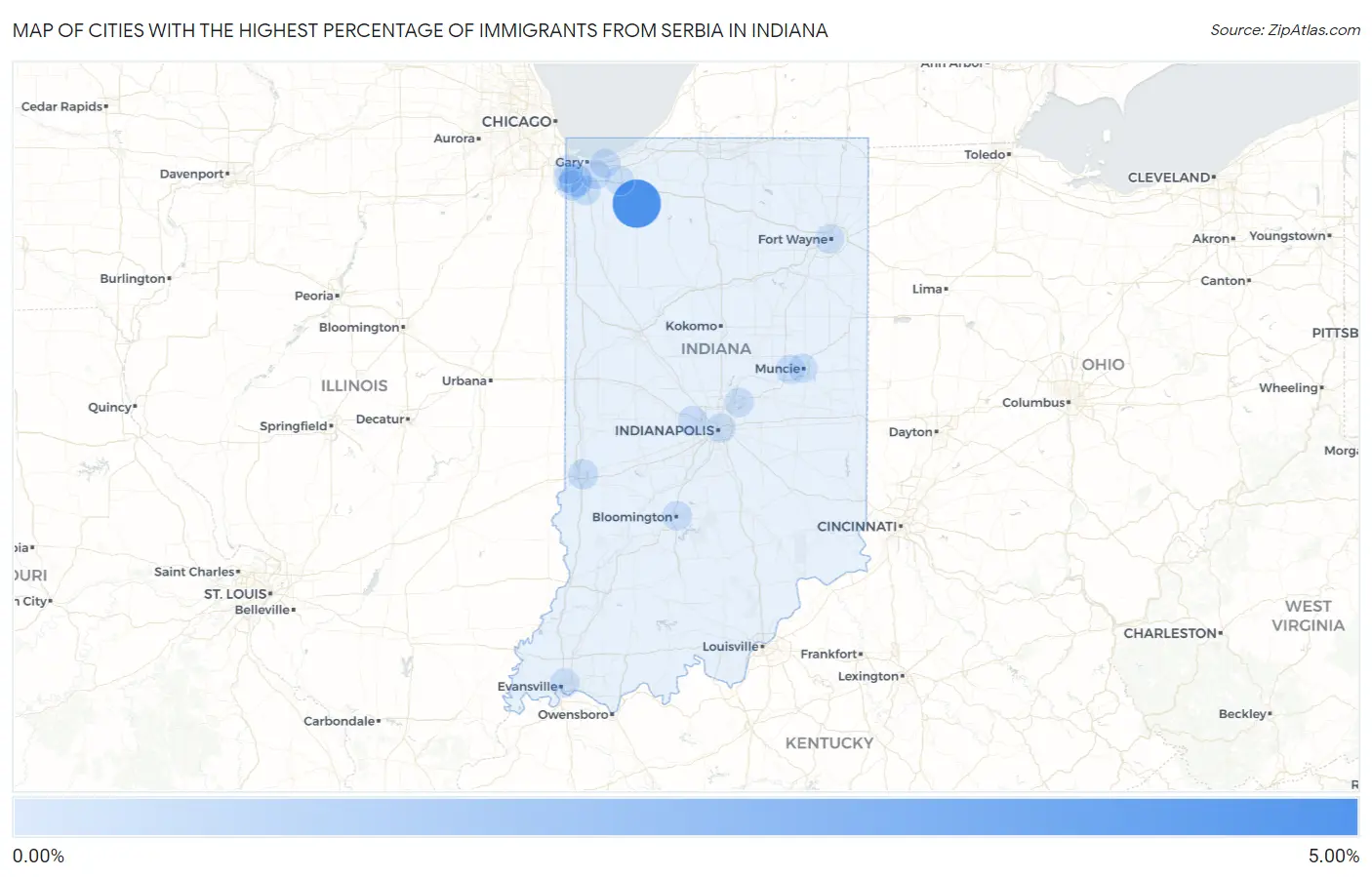 Cities with the Highest Percentage of Immigrants from Serbia in Indiana Map