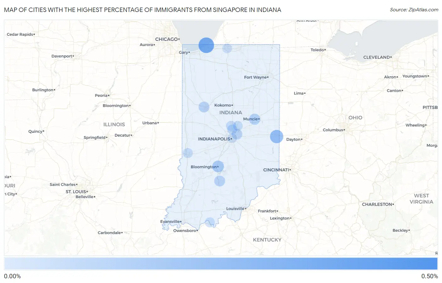 Cities with the Highest Percentage of Immigrants from Singapore in Indiana Map
