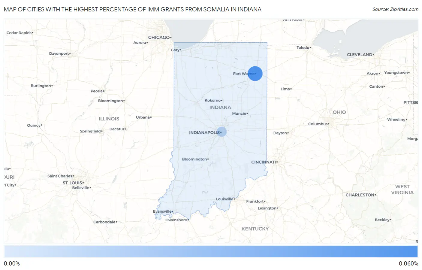 Cities with the Highest Percentage of Immigrants from Somalia in Indiana Map