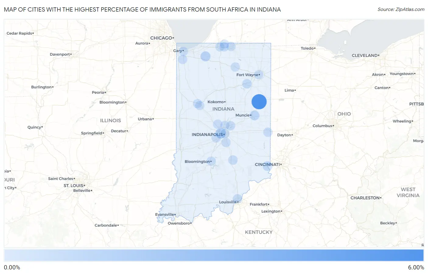 Cities with the Highest Percentage of Immigrants from South Africa in Indiana Map