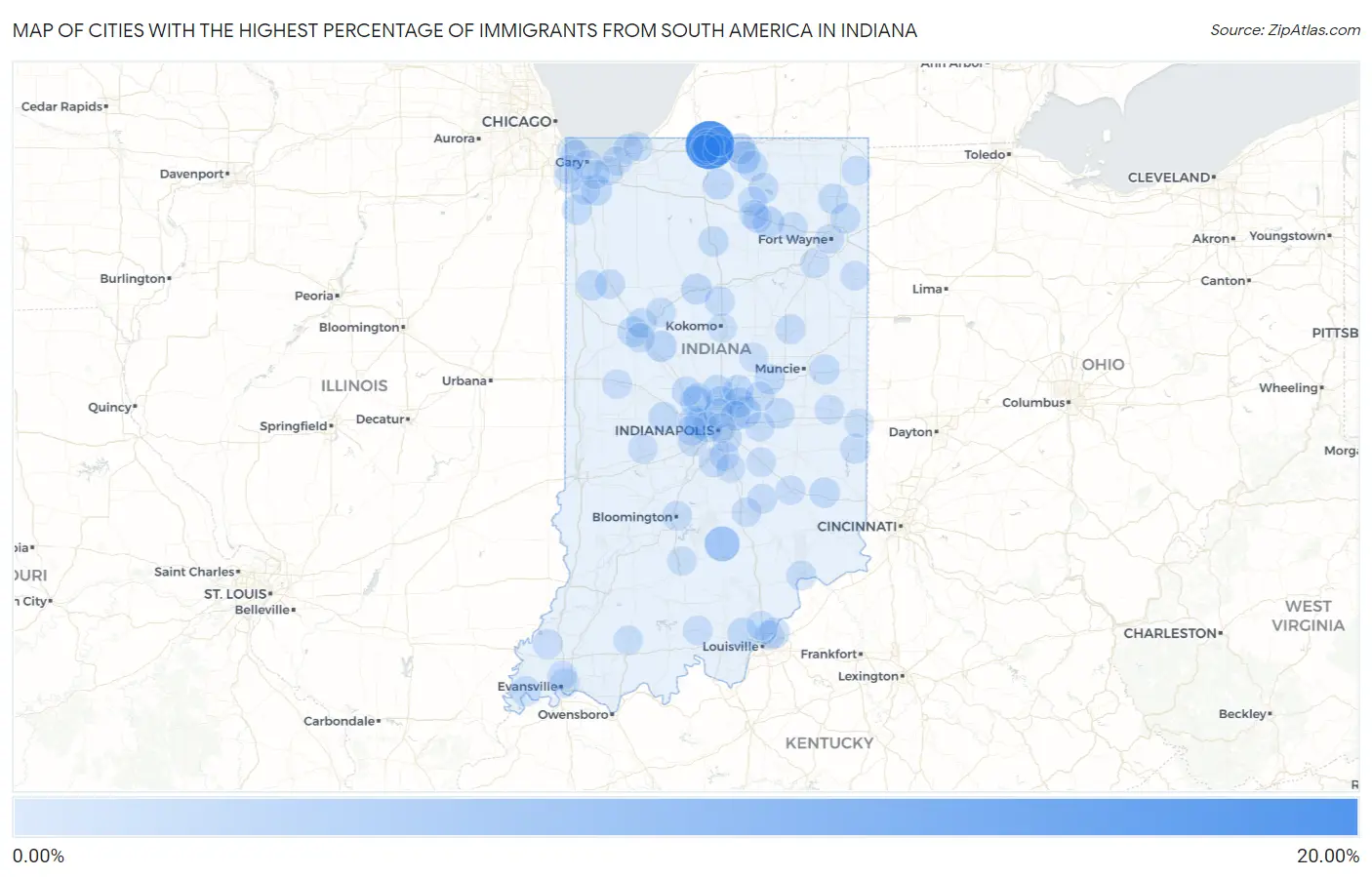 Cities with the Highest Percentage of Immigrants from South America in Indiana Map