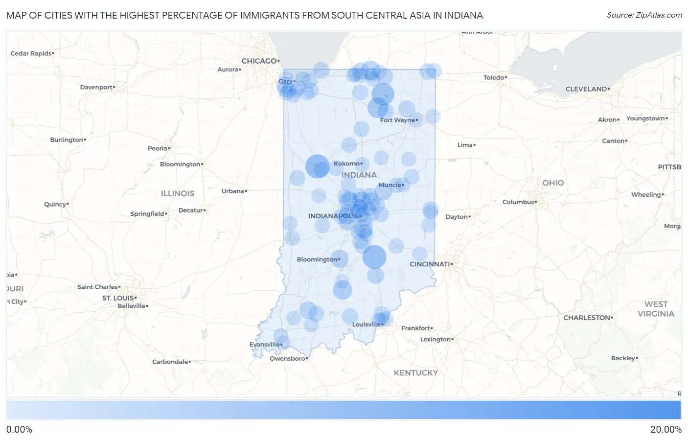 Cities with the Highest Percentage of Immigrants from South Central Asia in Indiana Map